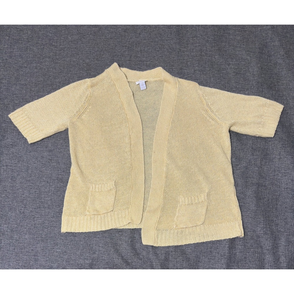 Chico's Womens 2 Cardigan Yellow Linen Blend Short Sleeve Open Front Shimmer